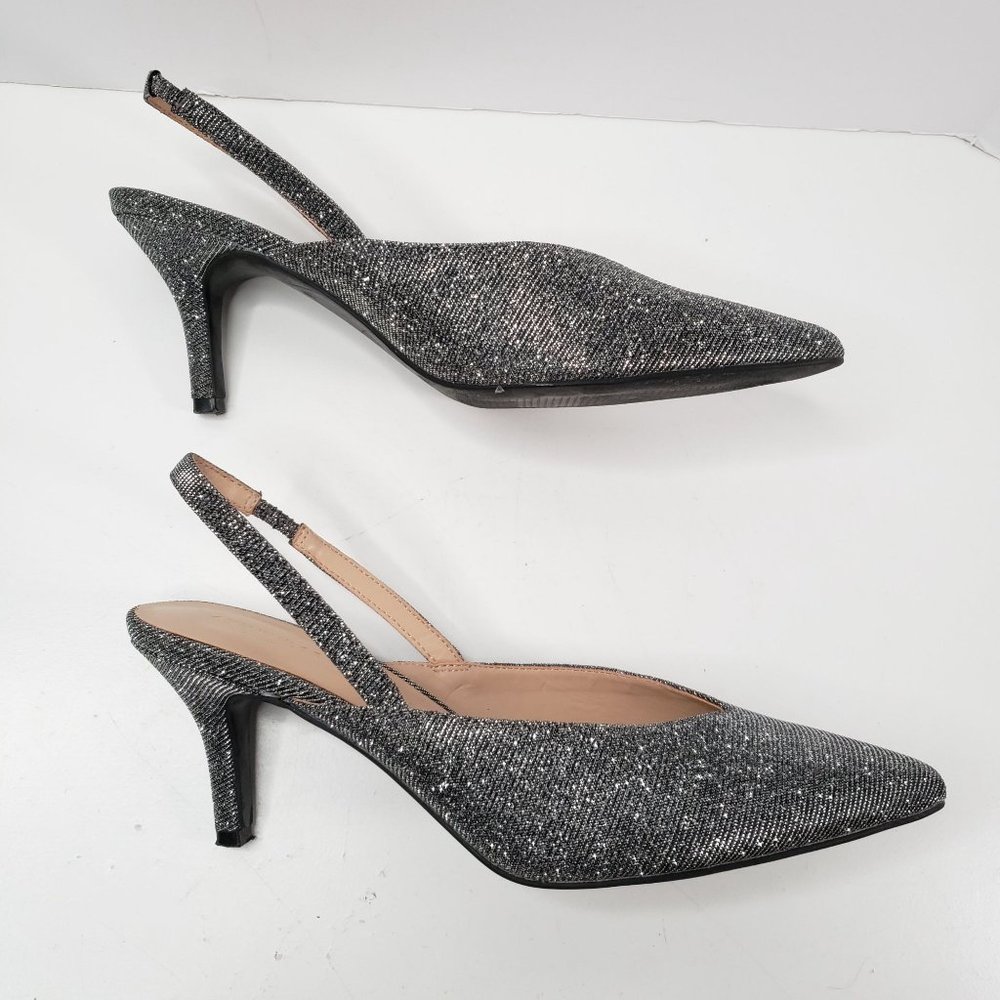 Ann Taylor Sling Back Kitten Heel Sz 8.5 Silver metallic Low Heeled Event Shoes - Picture 6 of 10